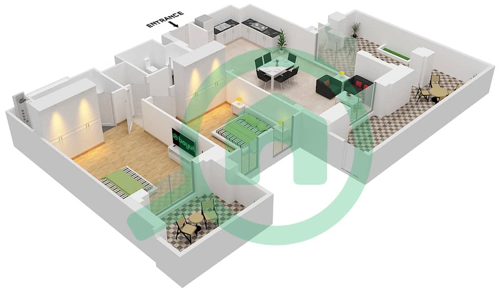 المخططات الطابقية لتصميم النموذج 1B2 (ASAYEL 3) شقة 2 غرفة نوم - أصايل Floor G interactive3D
