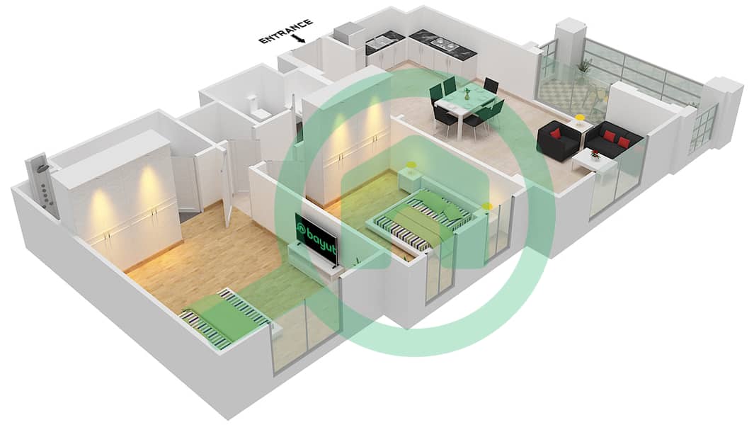 المخططات الطابقية لتصميم النموذج B2 (ASAYEL 3) شقة 2 غرفة نوم - أصايل Floor 1-6 interactive3D