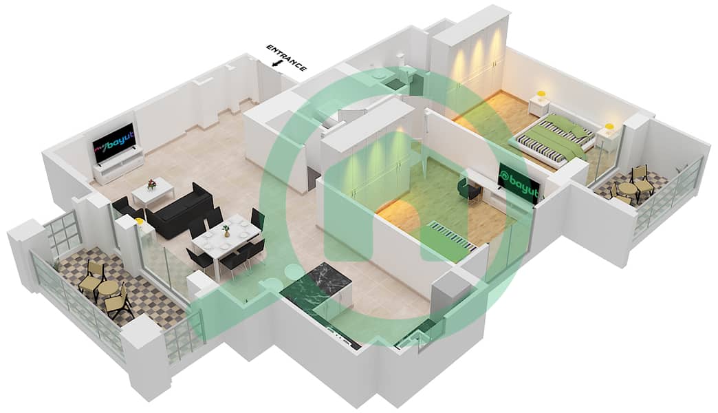 المخططات الطابقية لتصميم النموذج 9A (ASAYEL 3) شقة 2 غرفة نوم - أصايل Floor 1-6 interactive3D