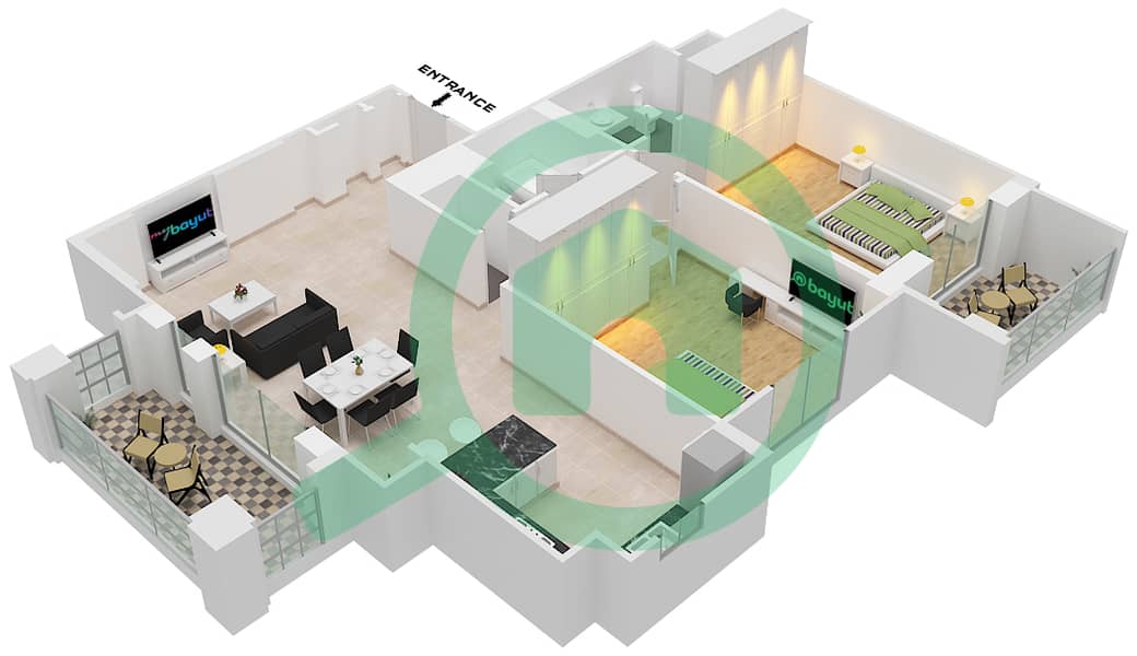 Асайель - Апартамент 2 Cпальни планировка Тип 8A (ASAYEL 3) Floor 1-6 interactive3D