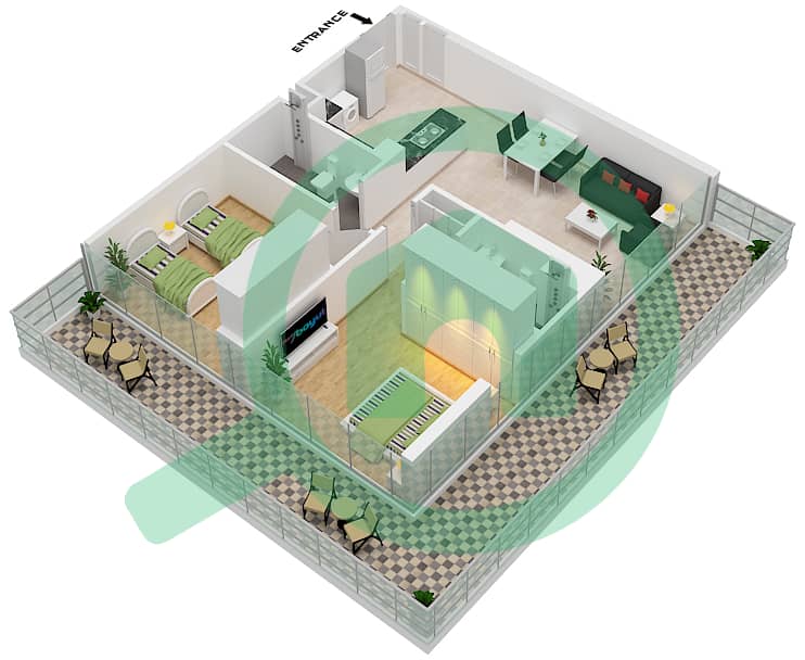 المخططات الطابقية لتصميم النموذج A شقة 2 غرفة نوم - ديفا Floor 1-13 interactive3D
