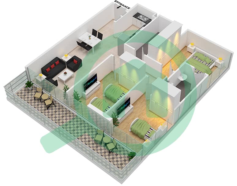 المخططات الطابقية لتصميم النموذج A شقة 3 غرف نوم - ديفا Floor 1-13 interactive3D