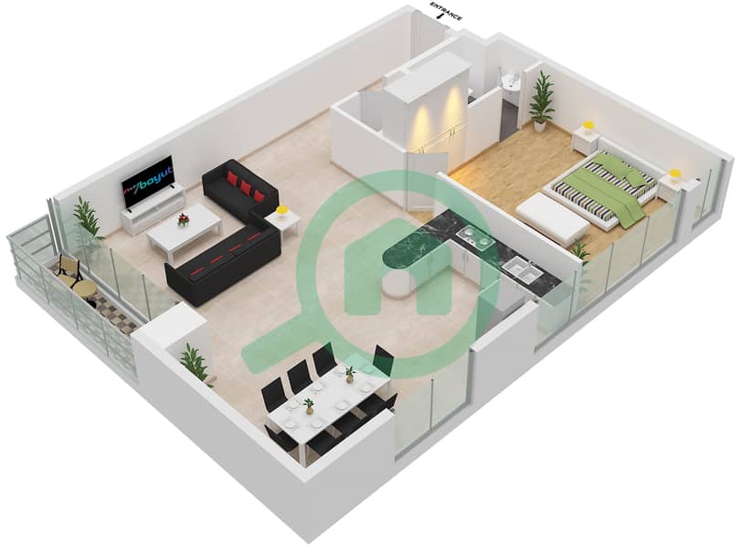 المخططات الطابقية لتصميم النموذج 1102 شقة 1 غرفة نوم - برج قوس دبي interactive3D