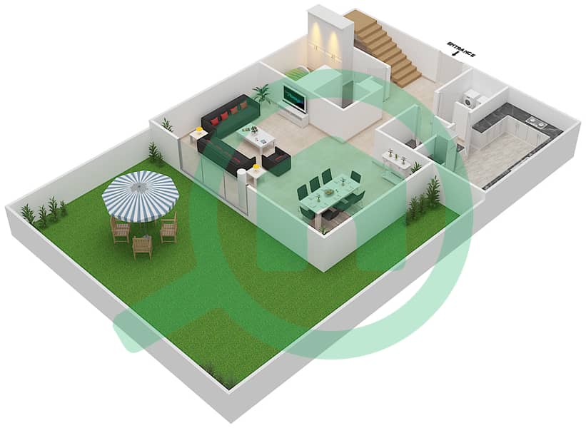 高尔夫长廊公寓2区 - 3 卧室联排别墅单位TH1戶型图 Ground Floor interactive3D