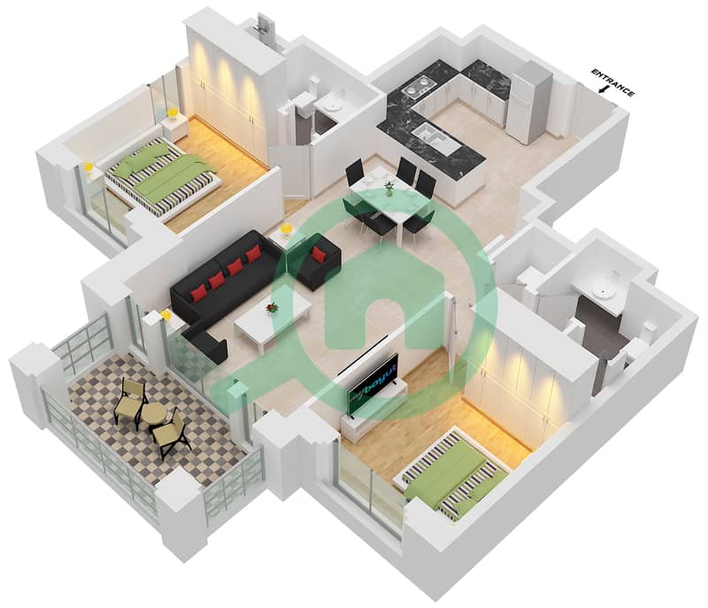 المخططات الطابقية لتصميم النموذج G شقة 2 غرفة نوم - بناية رحال 2 Floor 1-10 interactive3D