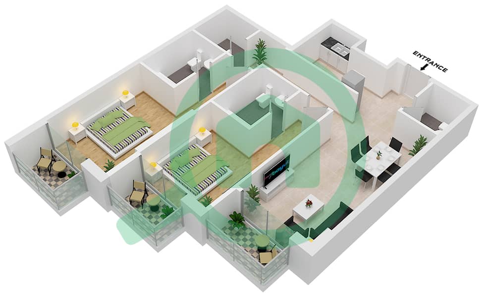 曼哈顿大厦 - 2 卧室公寓类型／单位B1戶型图 Floor B3 interactive3D