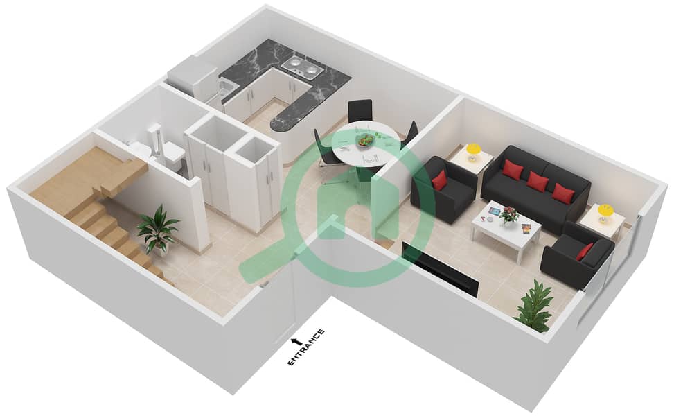 Rihan Heights Towers - 1 Bedroom Townhouse Type A Floor plan First Floor interactive3D