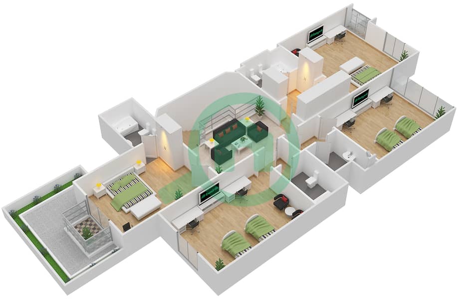 المخططات الطابقية لتصميم النموذج 1 فیلا 4 غرف نوم - قرية القرم First Floor interactive3D