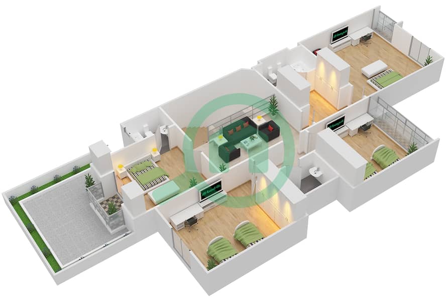 المخططات الطابقية لتصميم النموذج 2 فیلا 4 غرف نوم - قرية القرم First Floor interactive3D