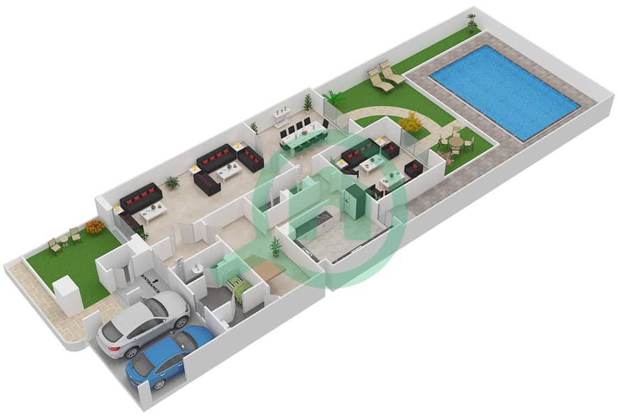 المخططات الطابقية لتصميم النموذج 5 فیلا 5 غرف نوم - قرية القرم Ground Floor interactive3D