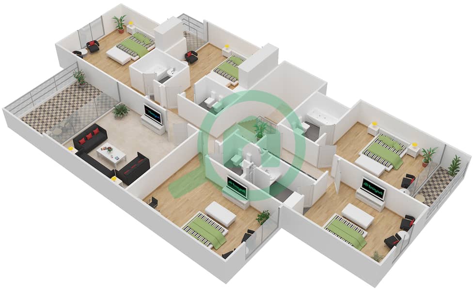 المخططات الطابقية لتصميم النموذج 5 فیلا 5 غرف نوم - قرية القرم First Floor interactive3D