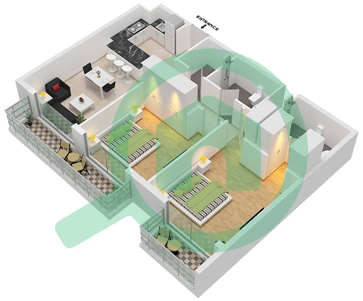 牛津公寓2号 - 2 卧室公寓类型／单位1,207戶型图 interactive3D