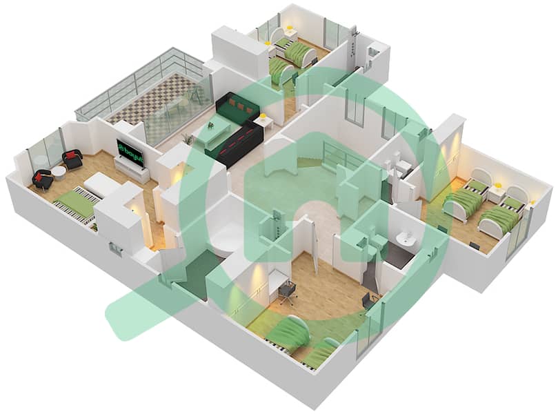 المخططات الطابقية لتصميم النموذج A فیلا 4 غرف نوم - فلل عائلية First Floor interactive3D