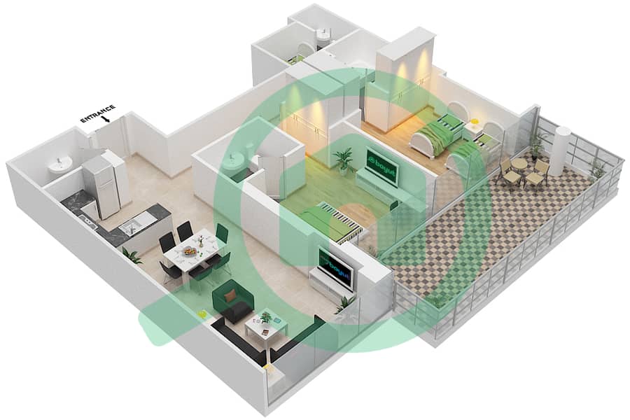 高尔夫长廊公寓2区 - 2 卧室公寓单位4 FLOOR 12戶型图 Floor 12 interactive3D