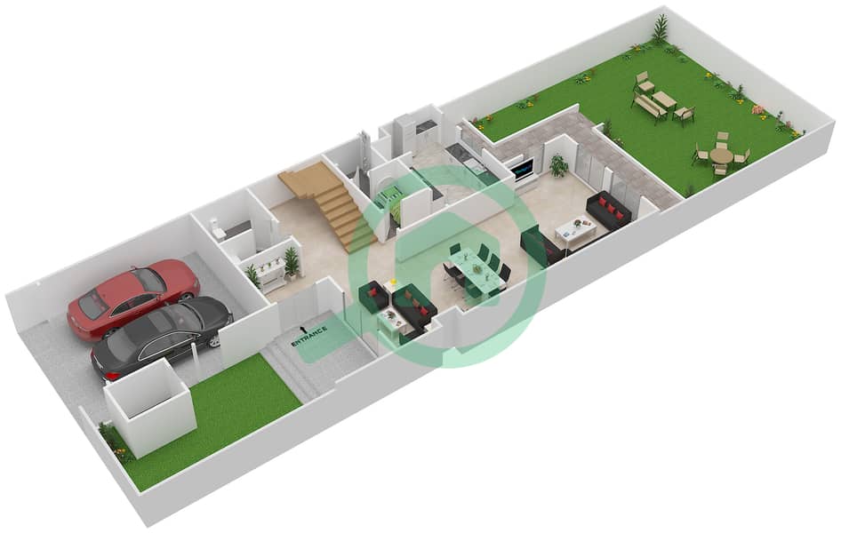 المخططات الطابقية لتصميم النموذج A تاون هاوس 3 غرف نوم - جوري Ground Floor interactive3D