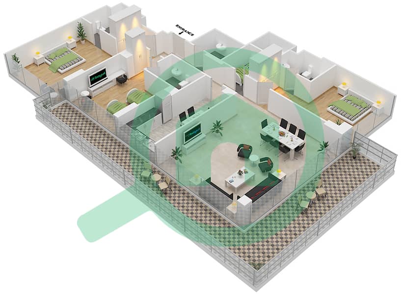 高尔夫长廊公寓2区 - 3 卧室公寓单位10  FLOOR 10戶型图 Floor 12 interactive3D