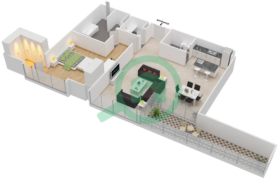 المخططات الطابقية لتصميم النموذج / الوحدة A/15 شقة 1 غرفة نوم - بلغاري ريزيدنس 1 Floor 2-6 interactive3D