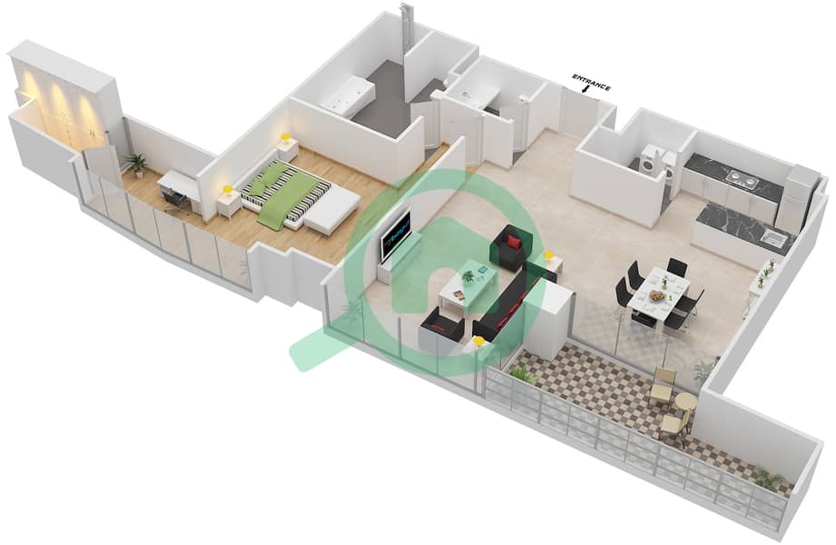 المخططات الطابقية لتصميم النموذج / الوحدة B/15 شقة 1 غرفة نوم - بلغاري ريزيدنس 1 Floor 2-6 interactive3D
