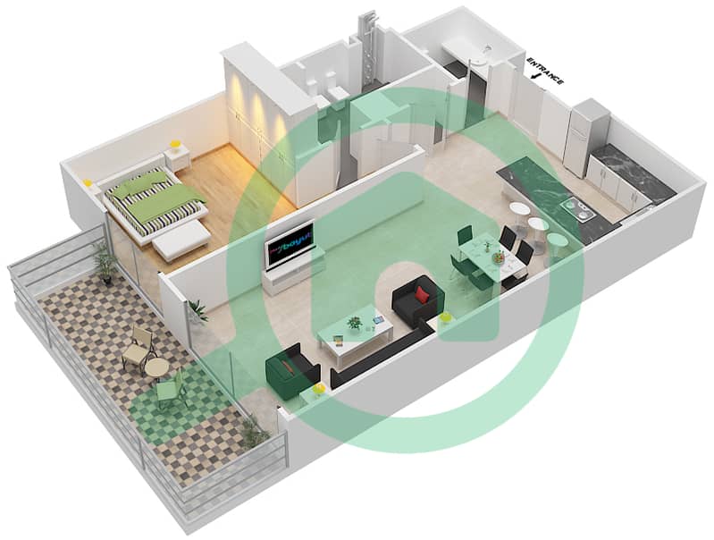 Хартланд Гарден Апартментс - Апартамент 1 Спальня планировка Тип A2 interactive3D