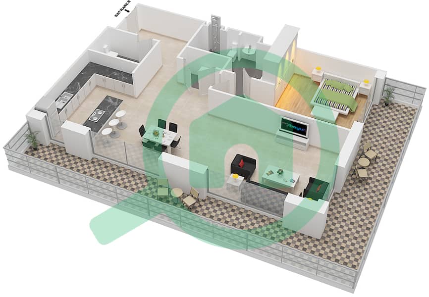 المخططات الطابقية لتصميم النموذج B شقة 1 غرفة نوم - شقق هارتلاند جاردن interactive3D