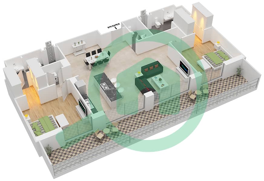 المخططات الطابقية لتصميم النموذج A شقة 2 غرفة نوم - شقق هارتلاند جاردن interactive3D