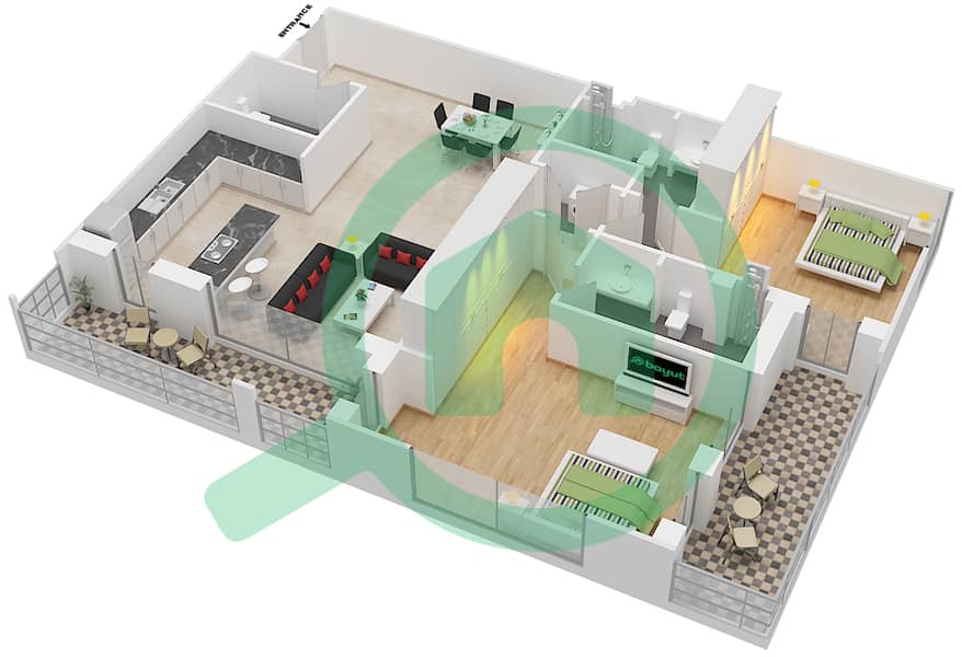 المخططات الطابقية لتصميم النموذج B شقة 2 غرفة نوم - شقق هارتلاند جاردن interactive3D