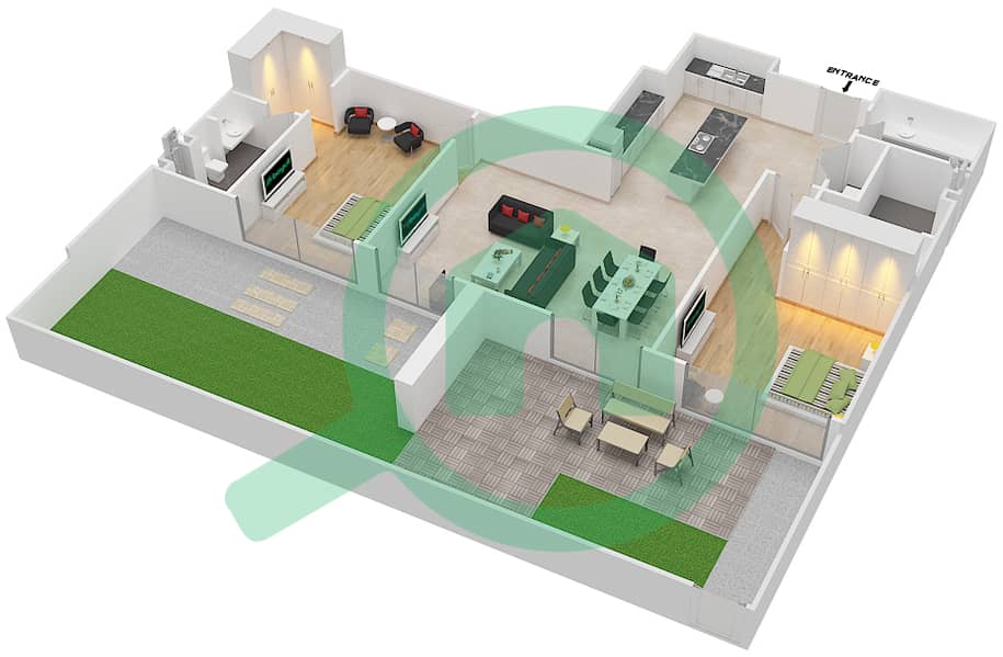 المخططات الطابقية لتصميم النموذج C شقة 2 غرفة نوم - شقق هارتلاند جاردن interactive3D