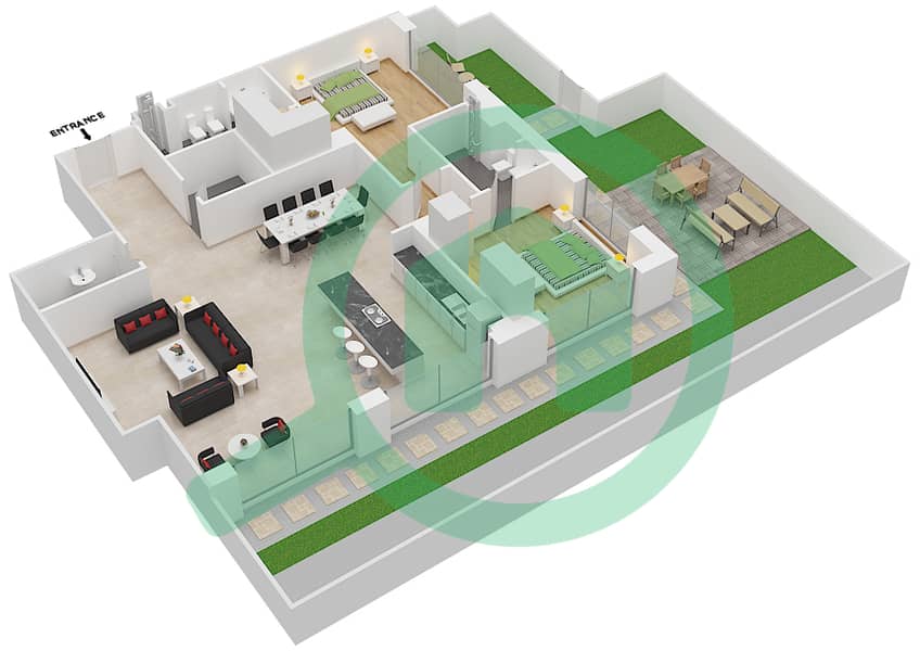 المخططات الطابقية لتصميم النموذج D شقة 2 غرفة نوم - شقق هارتلاند جاردن interactive3D