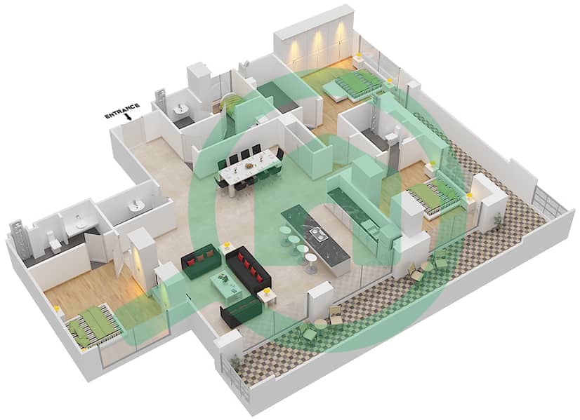 Хартланд Гарден Апартментс - Апартамент 3 Cпальни планировка Тип A interactive3D