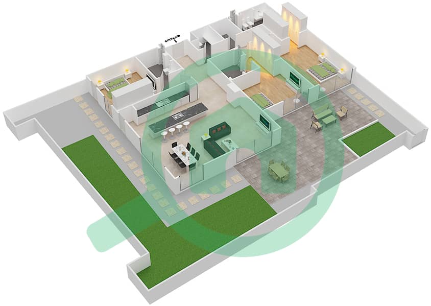 Хартланд Гарден Апартментс - Апартамент 3 Cпальни планировка Тип B interactive3D