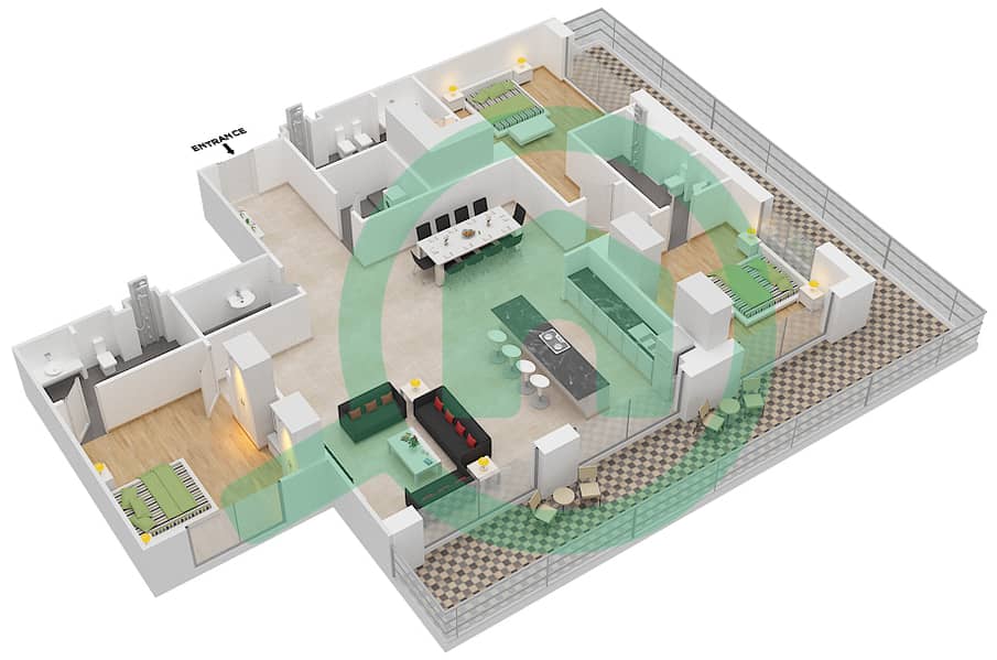哈特兰花园公寓 - 3 卧室公寓类型C戶型图 interactive3D