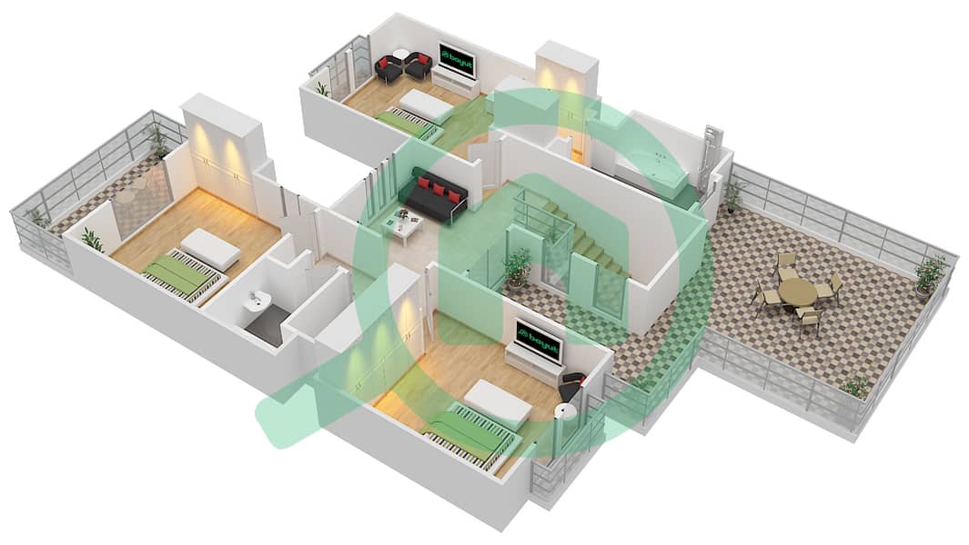 المخططات الطابقية لتصميم النموذج B تاون هاوس 4 غرف نوم - السلام First Floor interactive3D