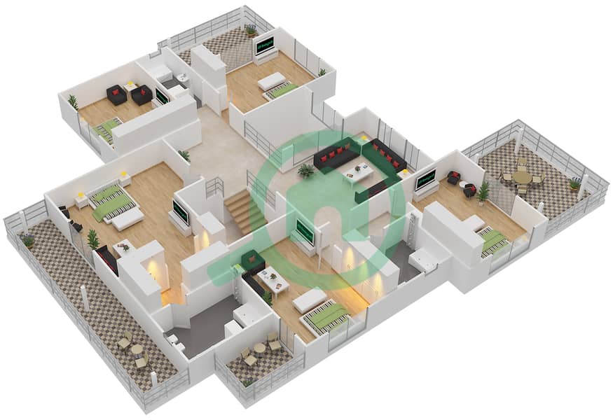 المخططات الطابقية لتصميم النموذج A فیلا 6 غرف نوم - أوركيد First Floor interactive3D