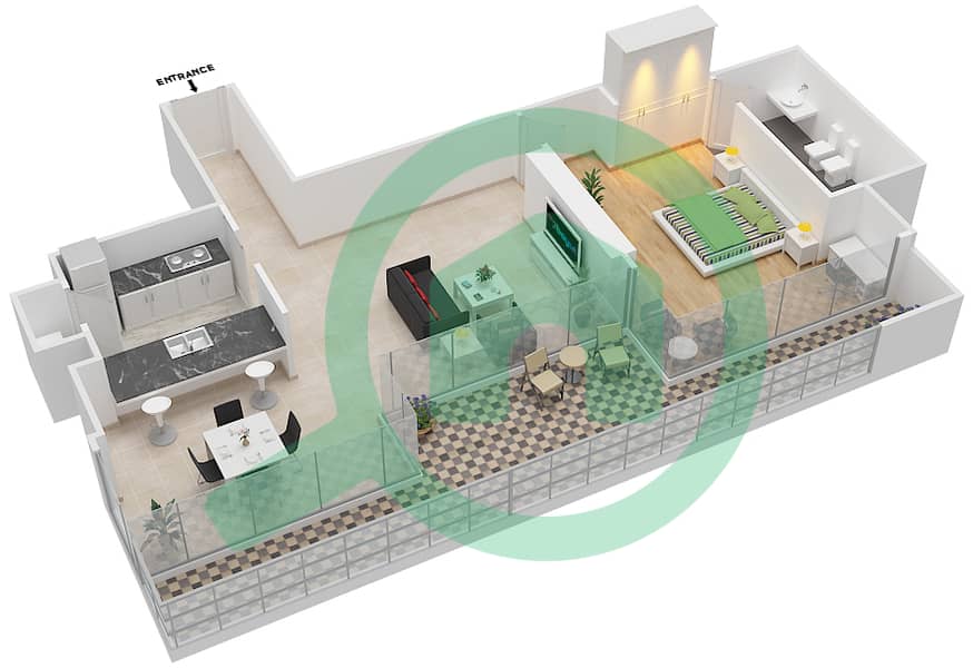 المخططات الطابقية لتصميم النموذج A شقة 1 غرفة نوم - برج ضمان interactive3D