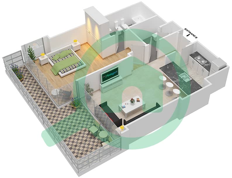 المخططات الطابقية لتصميم النموذج B شقة 1 غرفة نوم - برج ضمان interactive3D