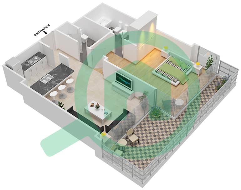 المخططات الطابقية لتصميم النموذج G شقة 1 غرفة نوم - برج ضمان interactive3D