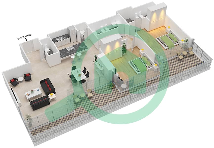 المخططات الطابقية لتصميم النموذج C شقة 2 غرفة نوم - برج ضمان interactive3D
