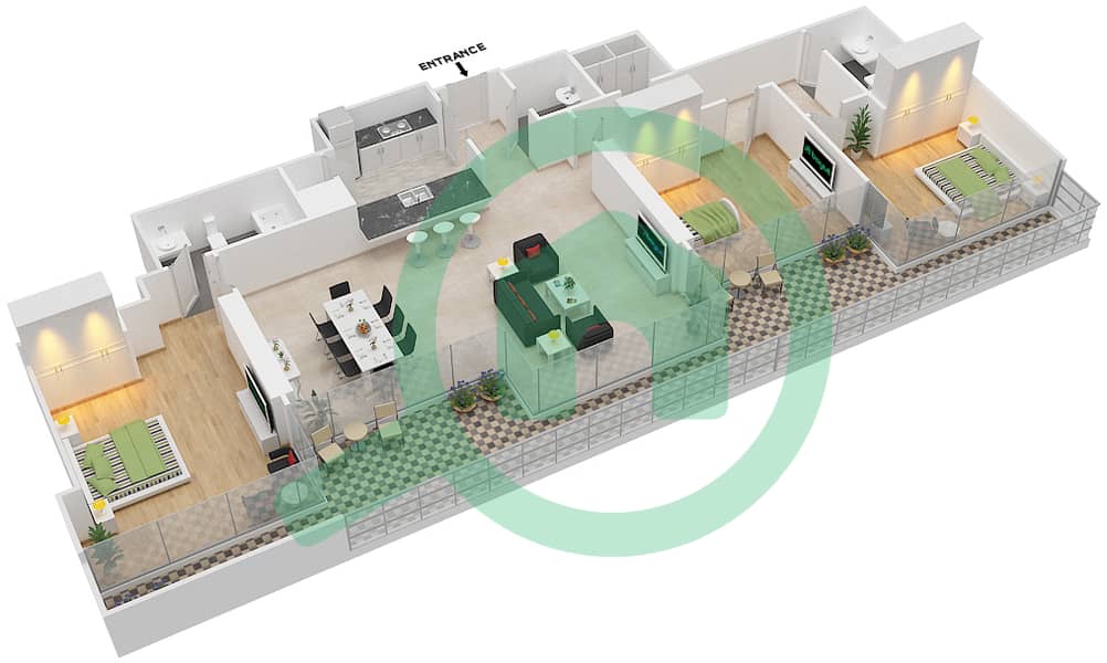 Бурж Даман - Апартамент 3 Cпальни планировка Тип H interactive3D