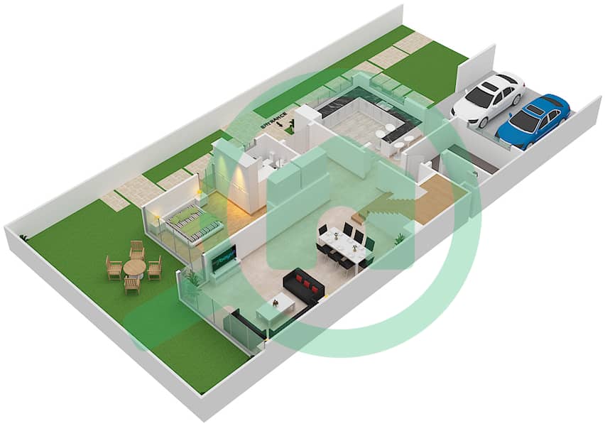 المخططات الطابقية لتصميم النموذج A تاون هاوس 4 غرف نوم - غاردينيا تاون هومز Ground Floor interactive3D