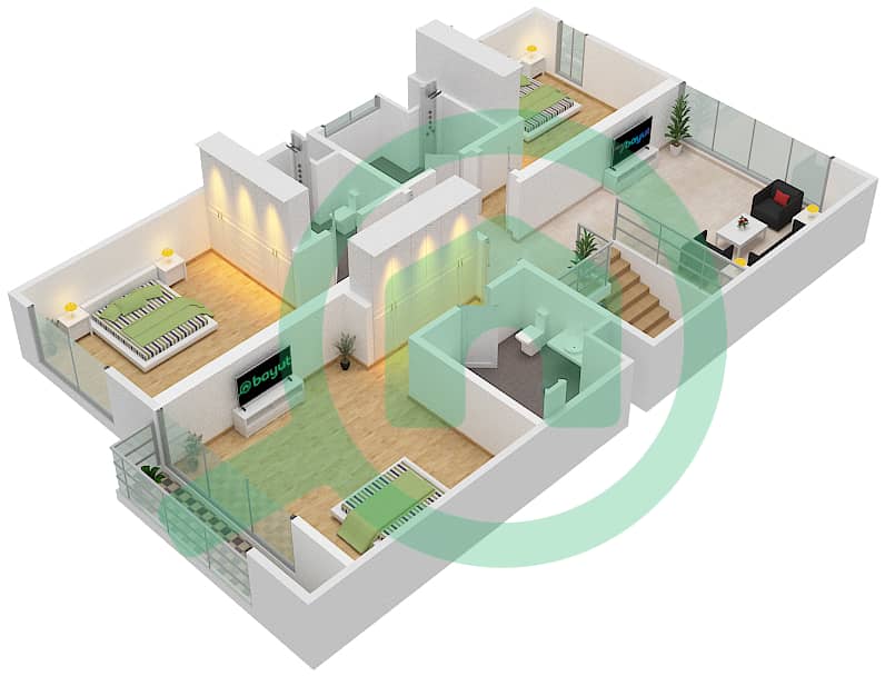 المخططات الطابقية لتصميم النموذج A تاون هاوس 4 غرف نوم - غاردينيا تاون هومز First Floor interactive3D