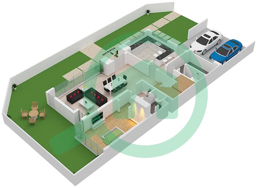 المخططات الطابقية لتصميم النموذج B تاون هاوس 4 غرف نوم - غاردينيا تاون هومز Ground Floor interactive3D
