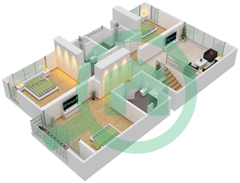 المخططات الطابقية لتصميم النموذج B تاون هاوس 4 غرف نوم - غاردينيا تاون هومز First Floor interactive3D