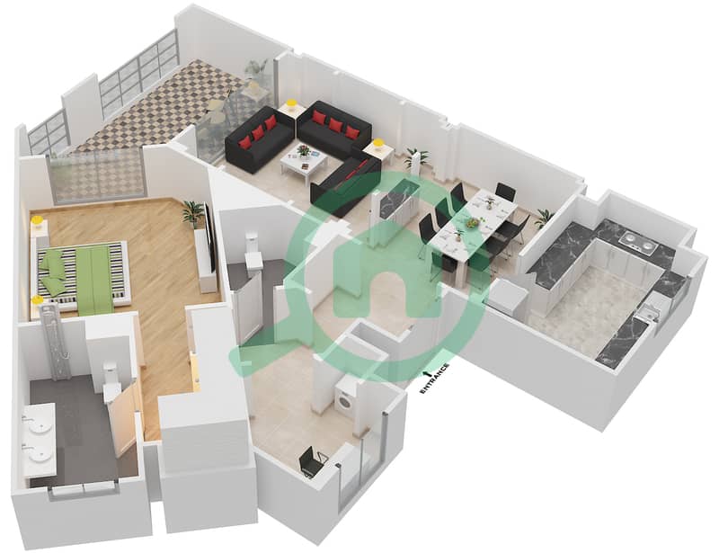 Аттаэрин - Апартамент 1 Спальня планировка Единица измерения 6204 interactive3D