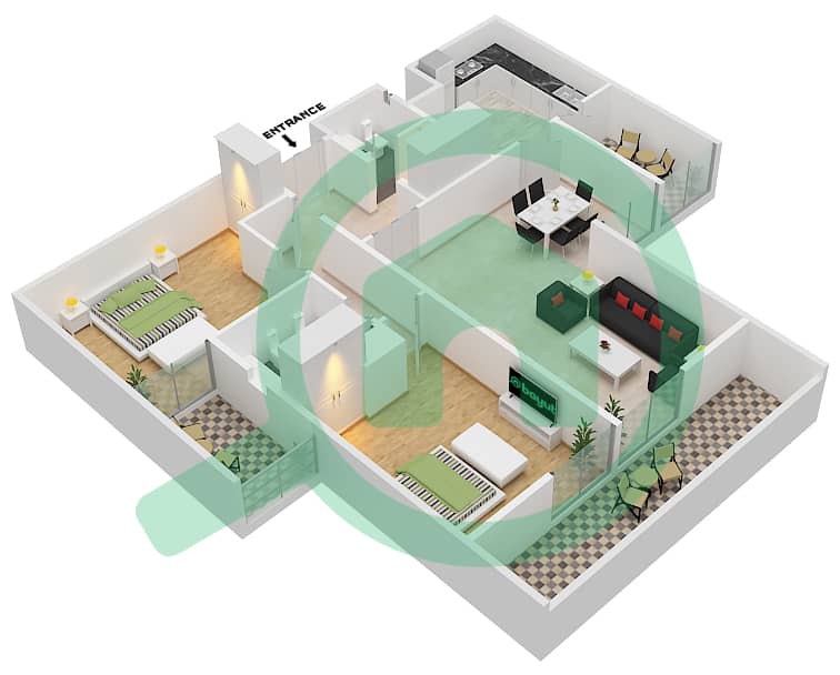المخططات الطابقية لتصميم النموذج A شقة 2 غرفة نوم - المرقبات interactive3D