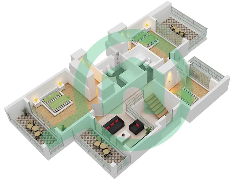 المخططات الطابقية لتصميم النموذج A فیلا 3 غرف نوم - ذا سيدارز First Floor interactive3D