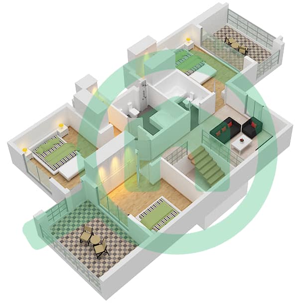 المخططات الطابقية لتصميم النموذج B فیلا 3 غرف نوم - ذا سيدارز First Floor interactive3D