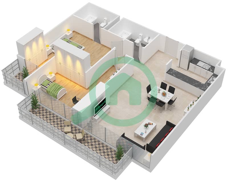 المخططات الطابقية لتصميم النموذج 1 شقة 2 غرفة نوم - داماك باراماونت تاور فندق (ميدتاون) و ريزيدنسز interactive3D