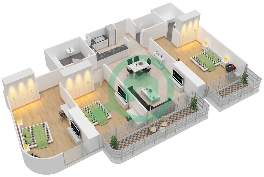 المخططات الطابقية لتصميم النموذج 2 شقة 3 غرف نوم - داماك باراماونت تاور فندق (ميدتاون) و ريزيدنسز interactive3D