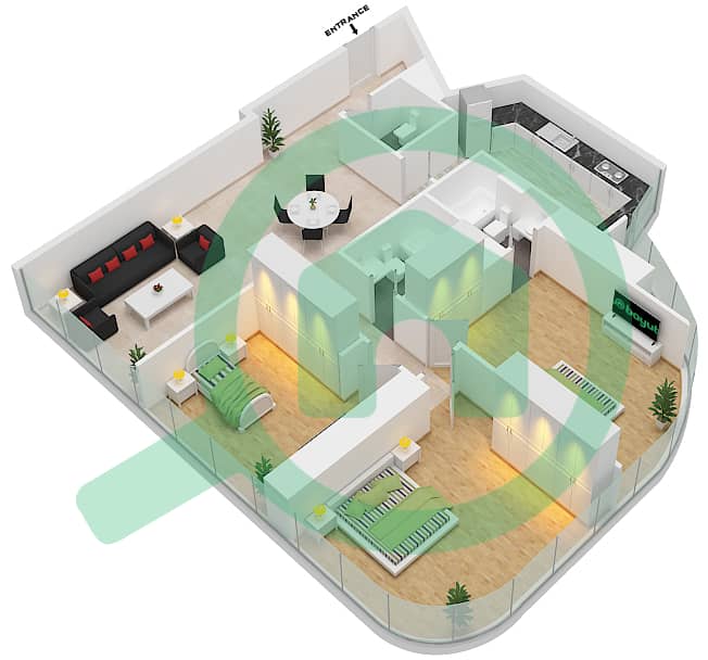 DAMAC Paramount Tower (Midtown) Hotel And Residences - 3 Bedroom Apartment Type VD-1T Floor plan interactive3D