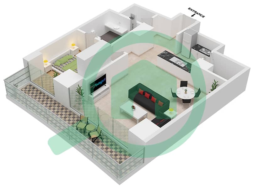 马尔萨广场 - 1 卧室公寓类型1B-02戶型图 interactive3D